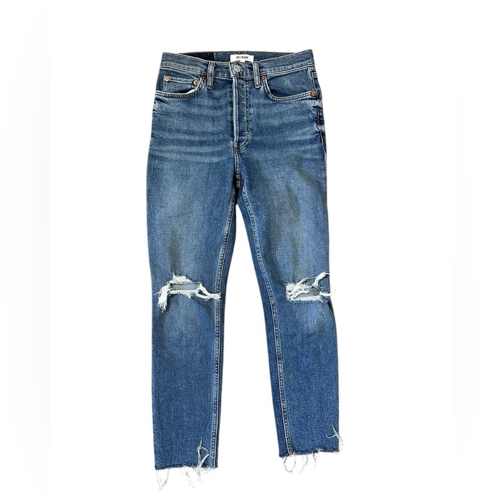 Re/Done 90s High Rise Ankle Crop Jeans Slim Fit Dusk Destroy Size 26